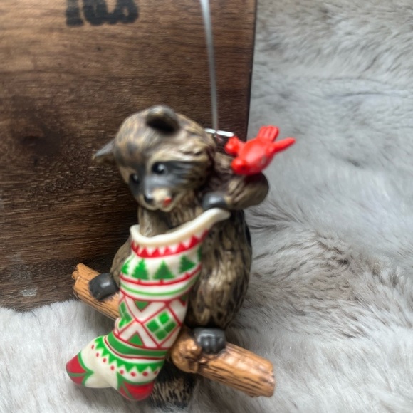 Raccoon with Christmas Stocking Ornament | Woodland Holiday Decor - Picture 2 of 7